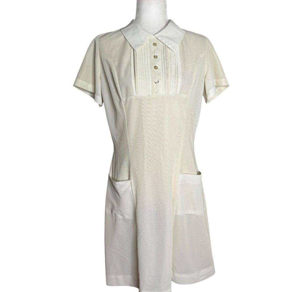 Vintage 70s Short Sleeve Shift Dress Small White Collar Pintuck Zipper Pockets